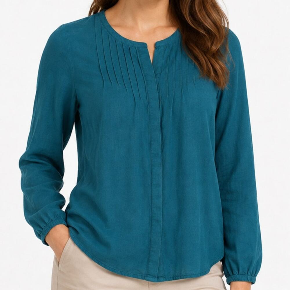 Madewell 100% Silk Pintuck Blouse Womens Small Teal Hidden Button Long Sleeve